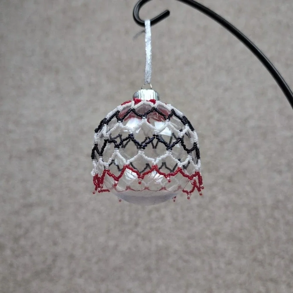 Handmade Beaded Christmas Ornament Ball Red White Blue Festive Holiday Decor